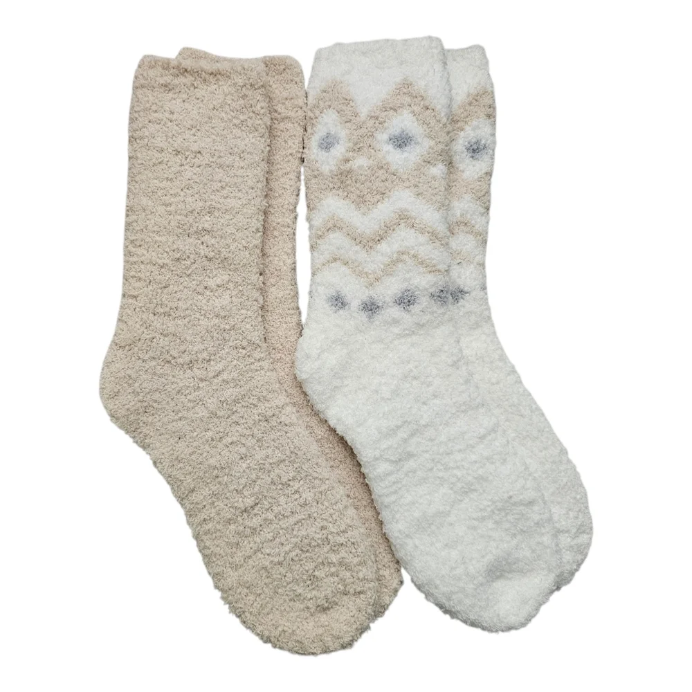 Charter Club Holiday Fuzzy Butter Socks 2-Pack‎ Beige & White One Size Shoe 6-10